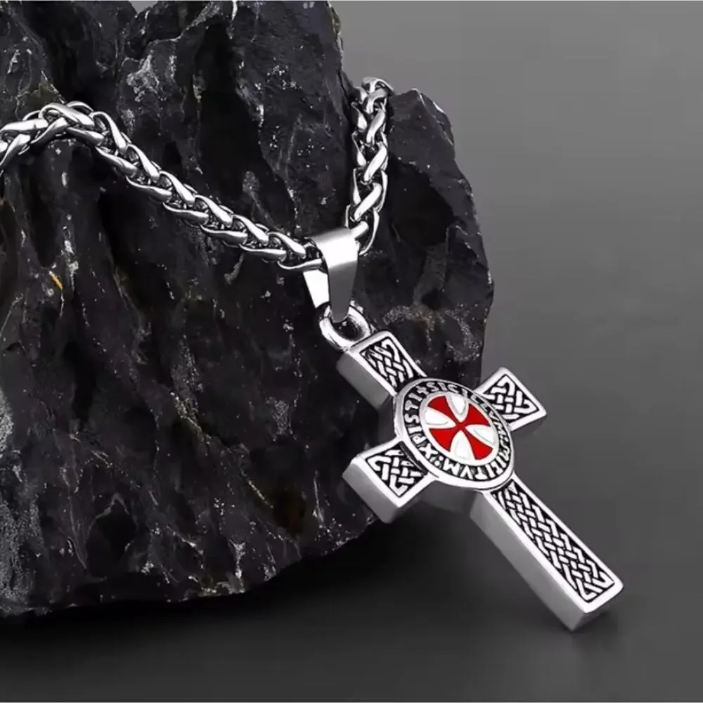 Silver & Red Cross Pendant Necklace Crusader Crusades Men's Christmas Birthday
